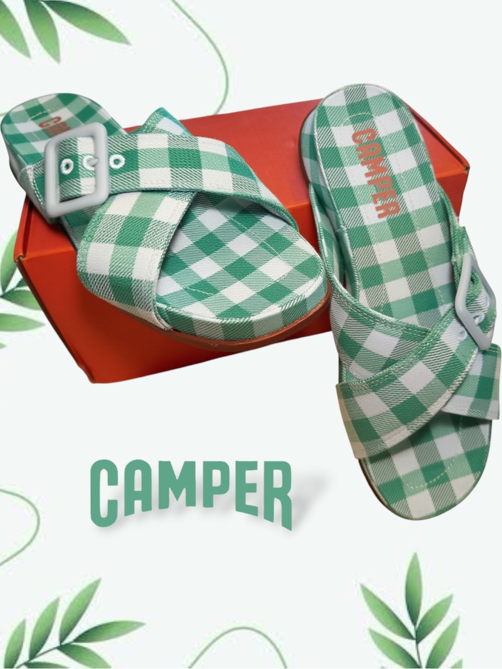 Camper Atonik Gingham Sandals Green White Size 7 NIB Pristine Condition